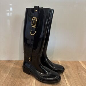 COACH Women's 9 Tasha Rain Boot Black‎ Shiny Finish Rubber Riding Knee High